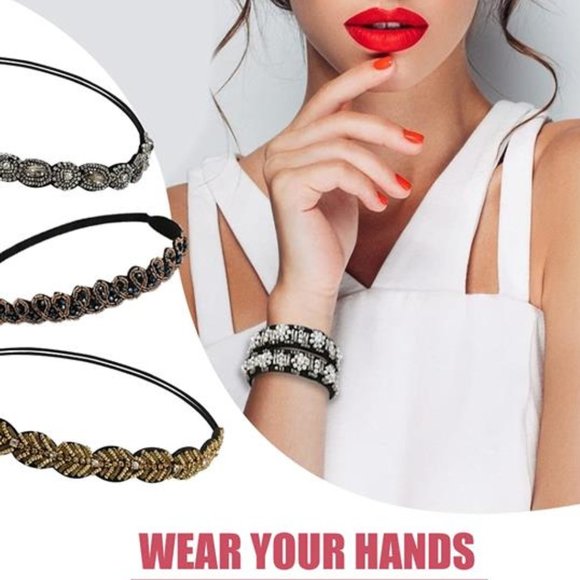 5Pcs Handmade Crystal Beaded Elastic Headband Set Fashion Vintage Diamond Jewel main image 4